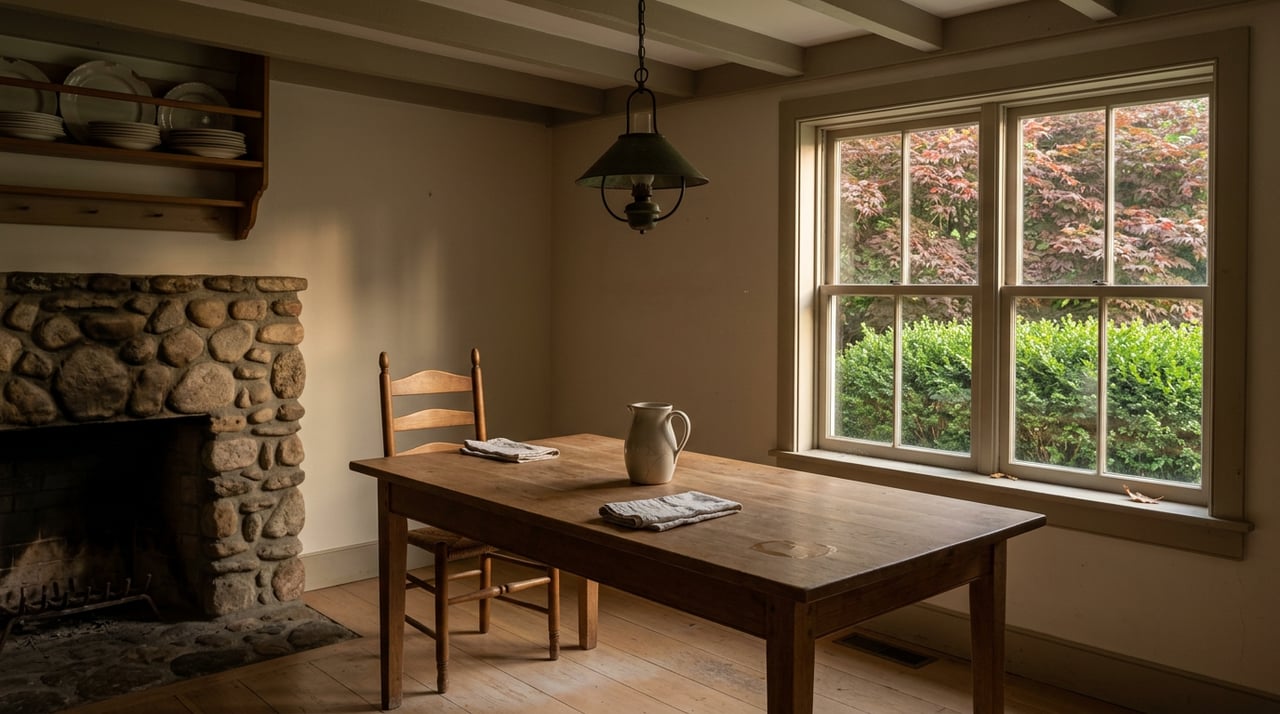 Oak farmhouse table with linen napkins and a ceramic pitcher beside a river-rock hearth and garden window.
