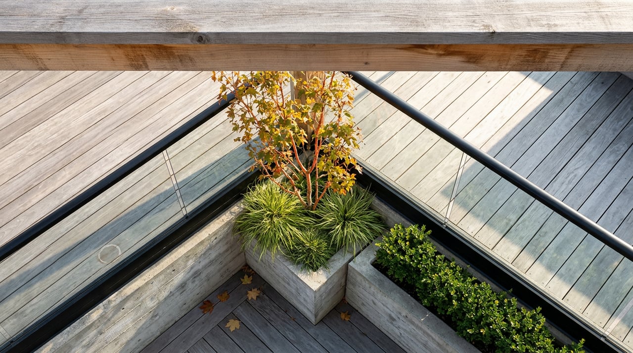 Rooftop deck with gray-brown wood boards, glass railing, concrete planters, and a coral-bark Japanese maple.