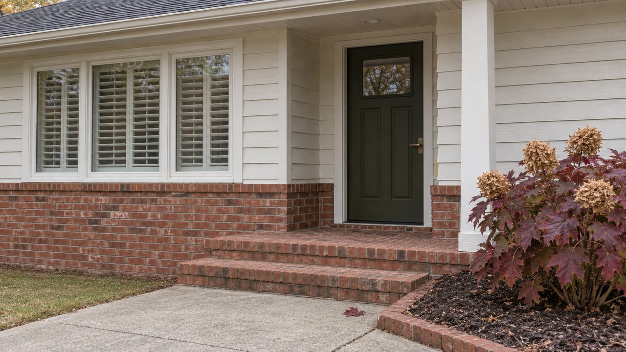 A sheltered entrance with ivory lap siding, warm brick steps, an olive door, and burgundy oakleaf hydrangea foliage in soft autumn daylight.