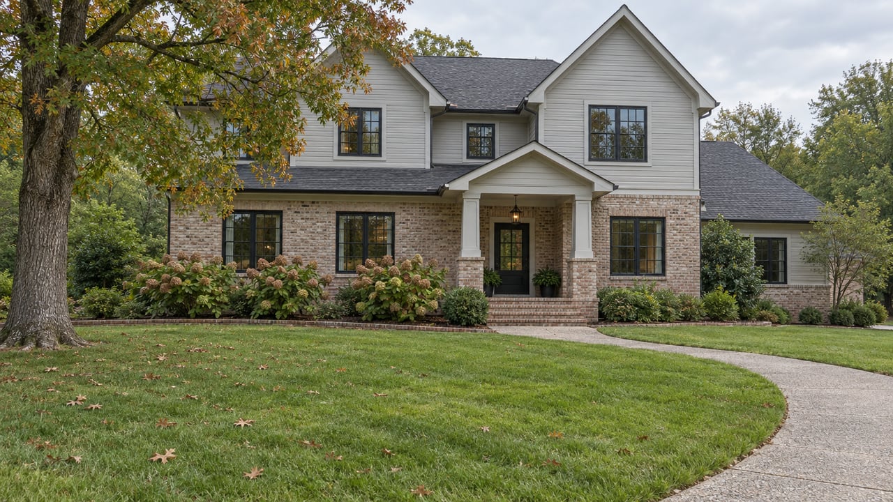 An established light-gray and brick detached home with a covered entry, deep autumn lawn and a mature oak.