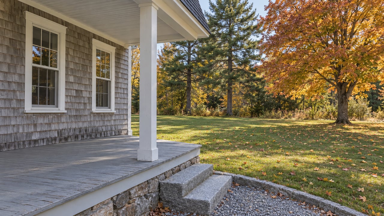 A weathered cedar-shingled home's covered porch and granite steps overlook a broad autumn lawn with a sugar maple and white pines.