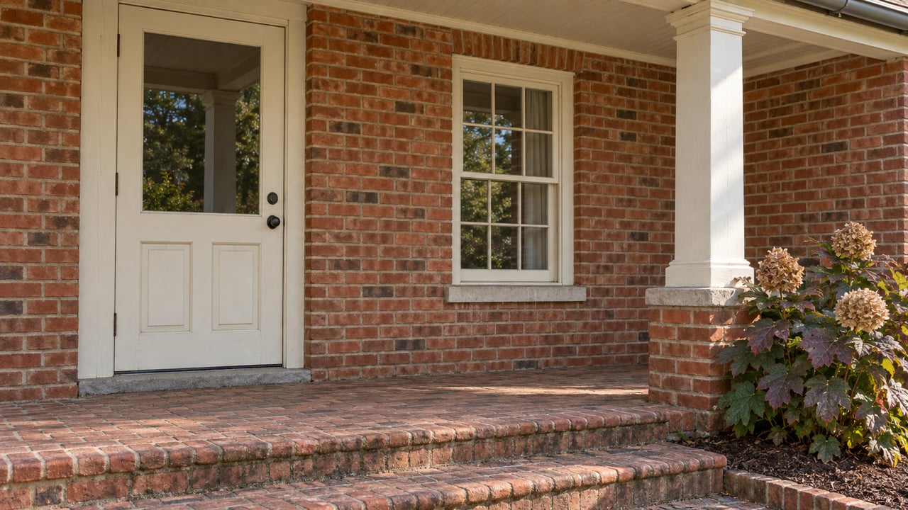 Close view of a brick home's covered entrance, ivory painted door and sash window, worn brick steps, and an oakleaf hydrangea.