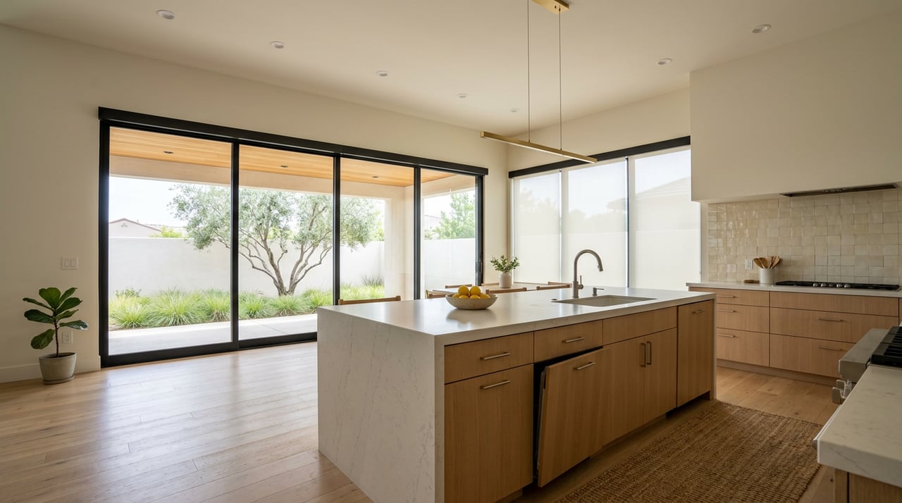 White oak kitchen island with a pale quartz countertop faces a black-framed glass slider and olive tree patio.