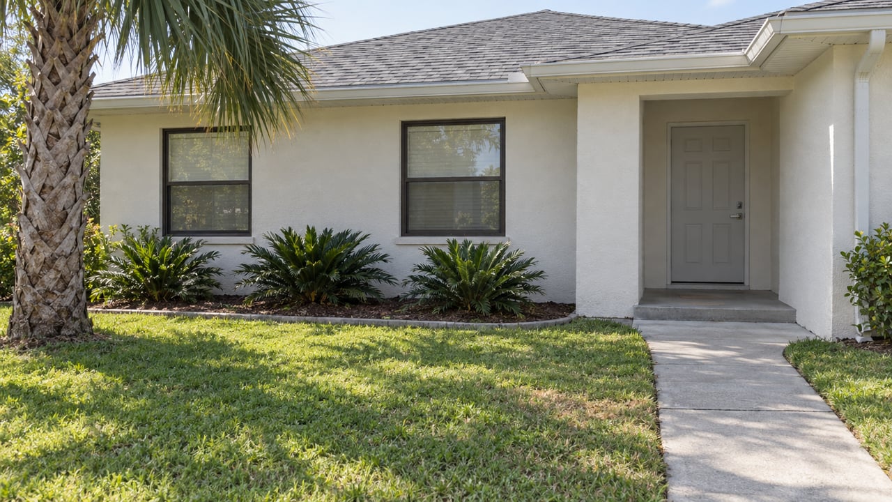 Single-story ivory stucco home with dark-framed windows, a concrete entry walk, broad lawn and a mature palm.