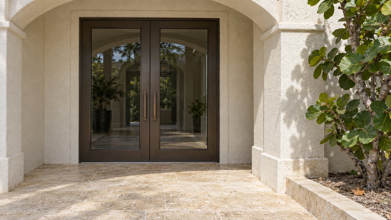 Ivory stucco arch around closed bronze-framed glass doors, with shell-textured limestone paving and a sea grape specimen beside the entry.