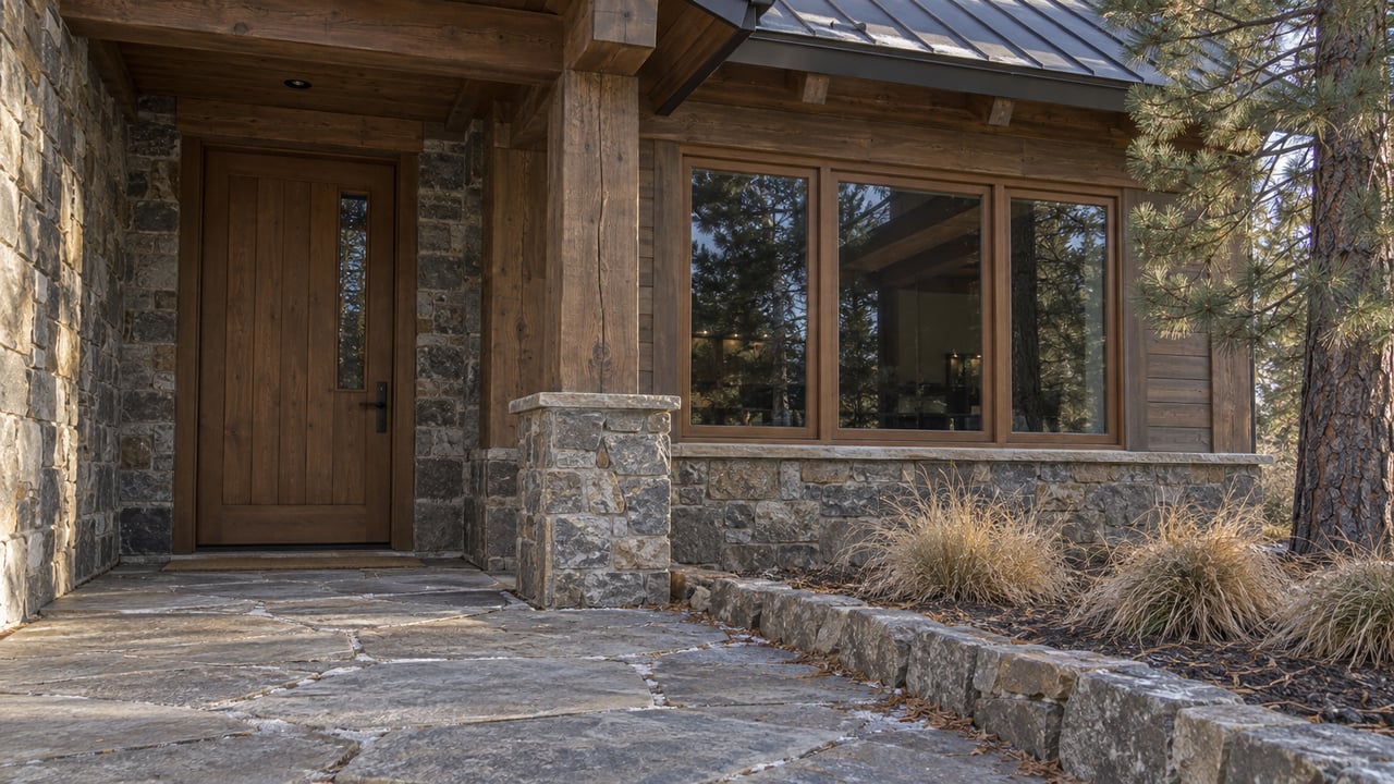 Weathered timber entry, stone walls and a broad slab approach beside dormant grasses and a pine tree.