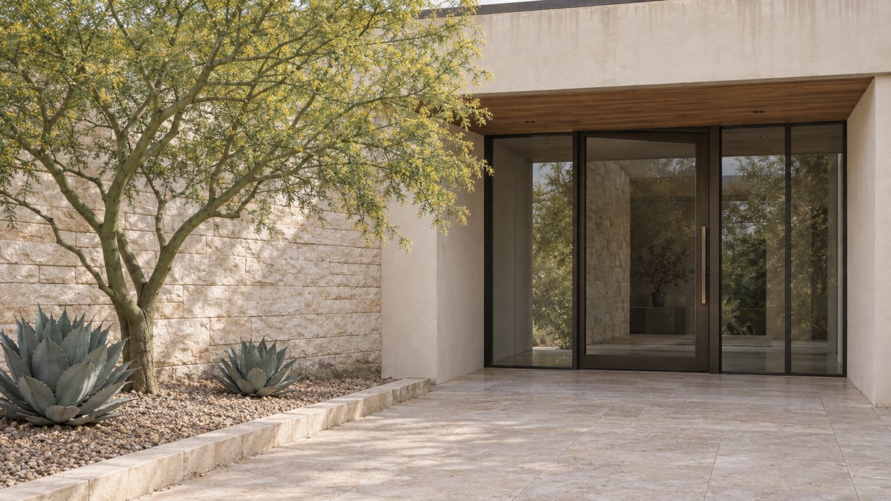 Sand-stucco estate entry with limestone walls, bronze-framed glass door and a sculptural green-trunk tree in a raised gravel bed.