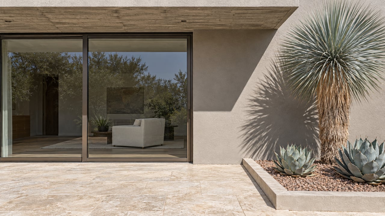 Bronze-framed glass doors beneath a concrete overhang beside a sculptural yucca and two agaves in a raised gravel bed.