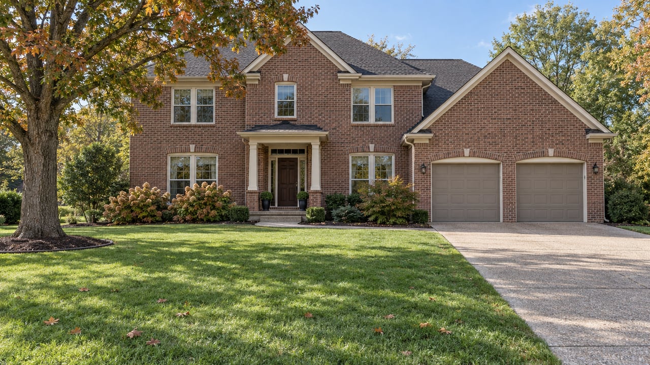 Two-story brick home with gabled roofs, a double garage, broad front lawn and a mature oak in early autumn.