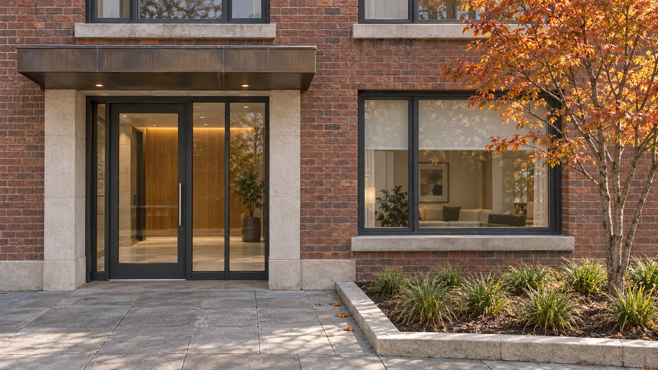 Brick apartment entrance with limestone trim, charcoal-framed glass and an autumn serviceberry beside a paved forecourt.