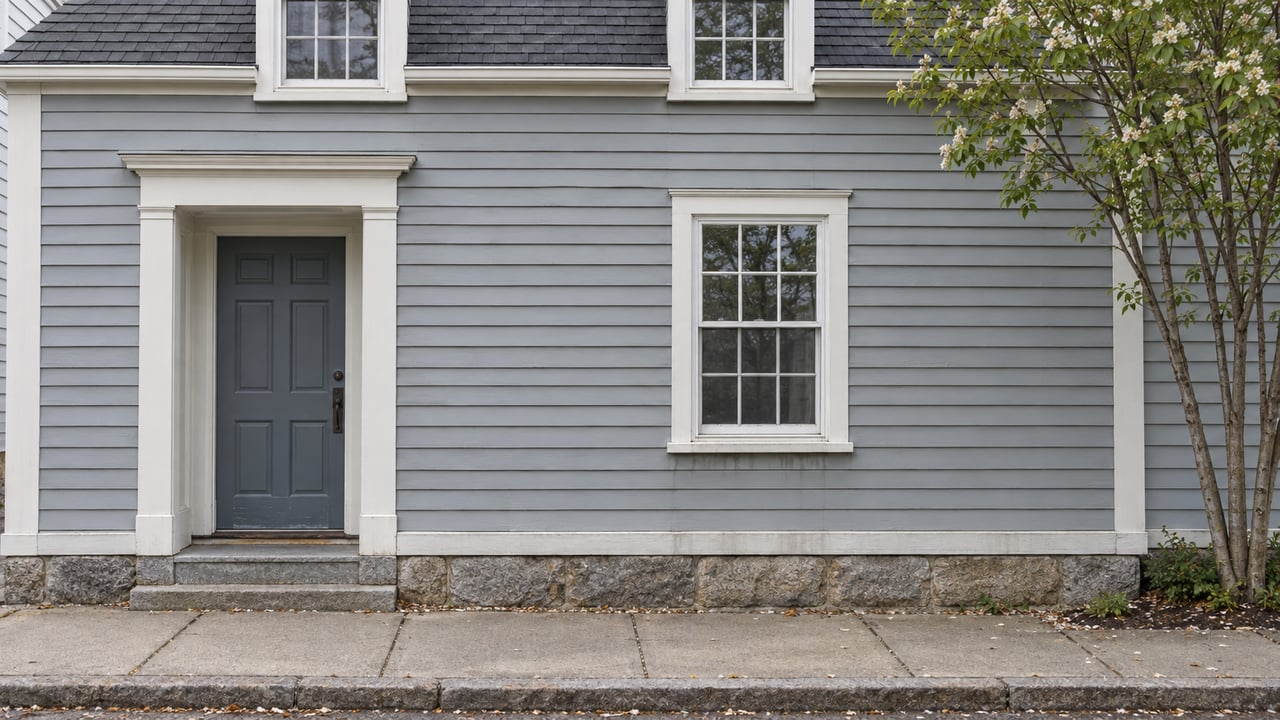 Older clapboard house with a slate-blue door, granite foundation, sidewalk, and a small tree at the right.