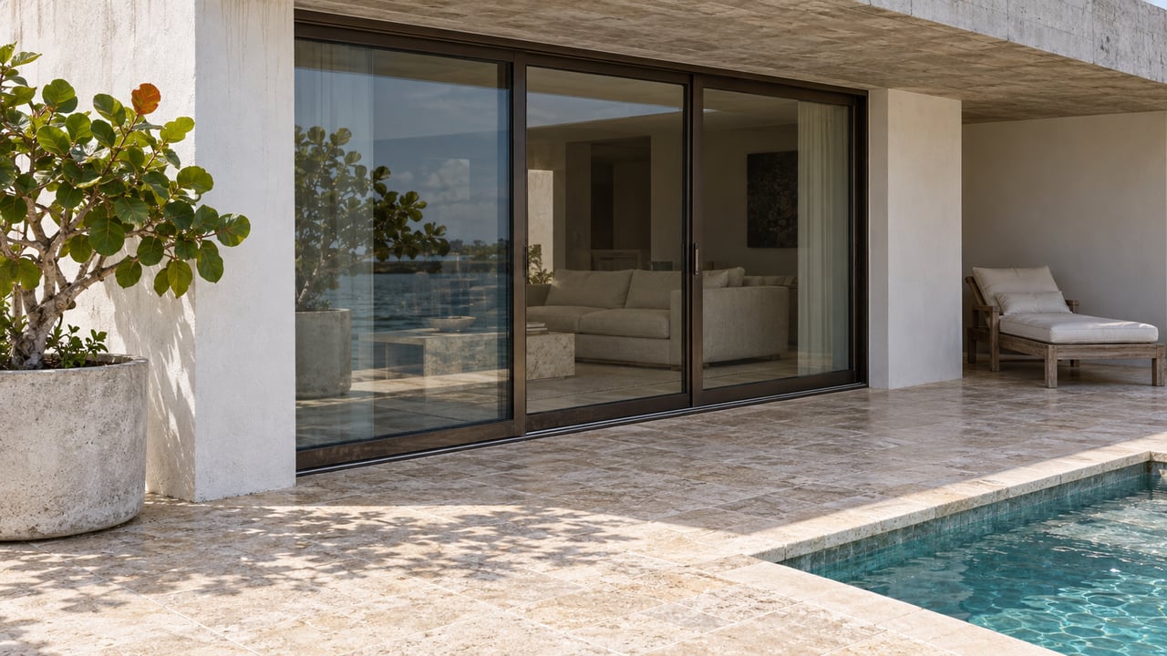 White stucco coastal home with closed bronze-framed glass doors, limestone terrace, a teak lounge and a small pool beside a sea grape planter.