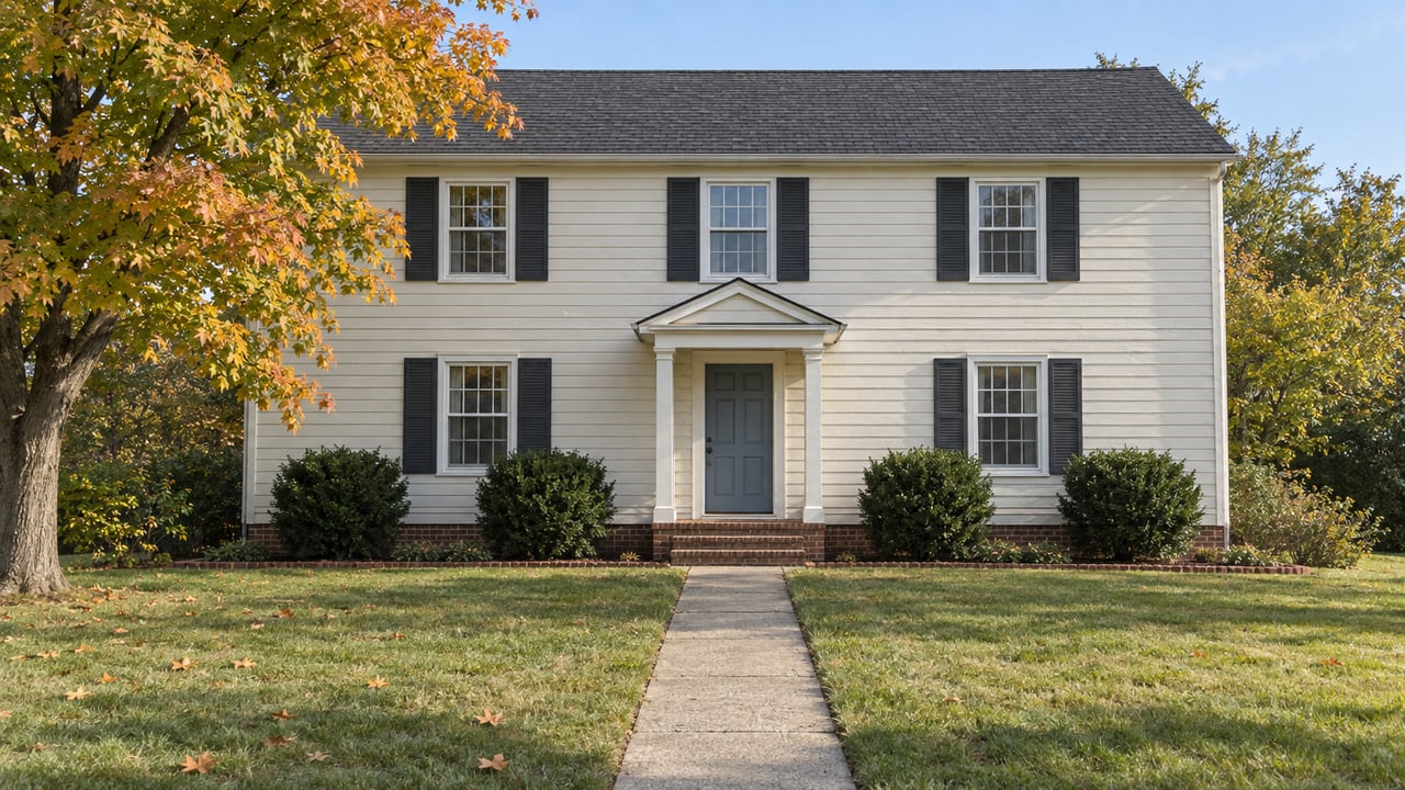 Ivory two-story traditional house with dark shutters, a small covered entry and an autumn maple beside a deep front lawn.