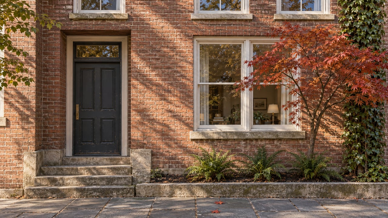A brick townhome entrance with a charcoal door, limestone steps, white sash windows and a copper-leaved maple beside the sidewalk.