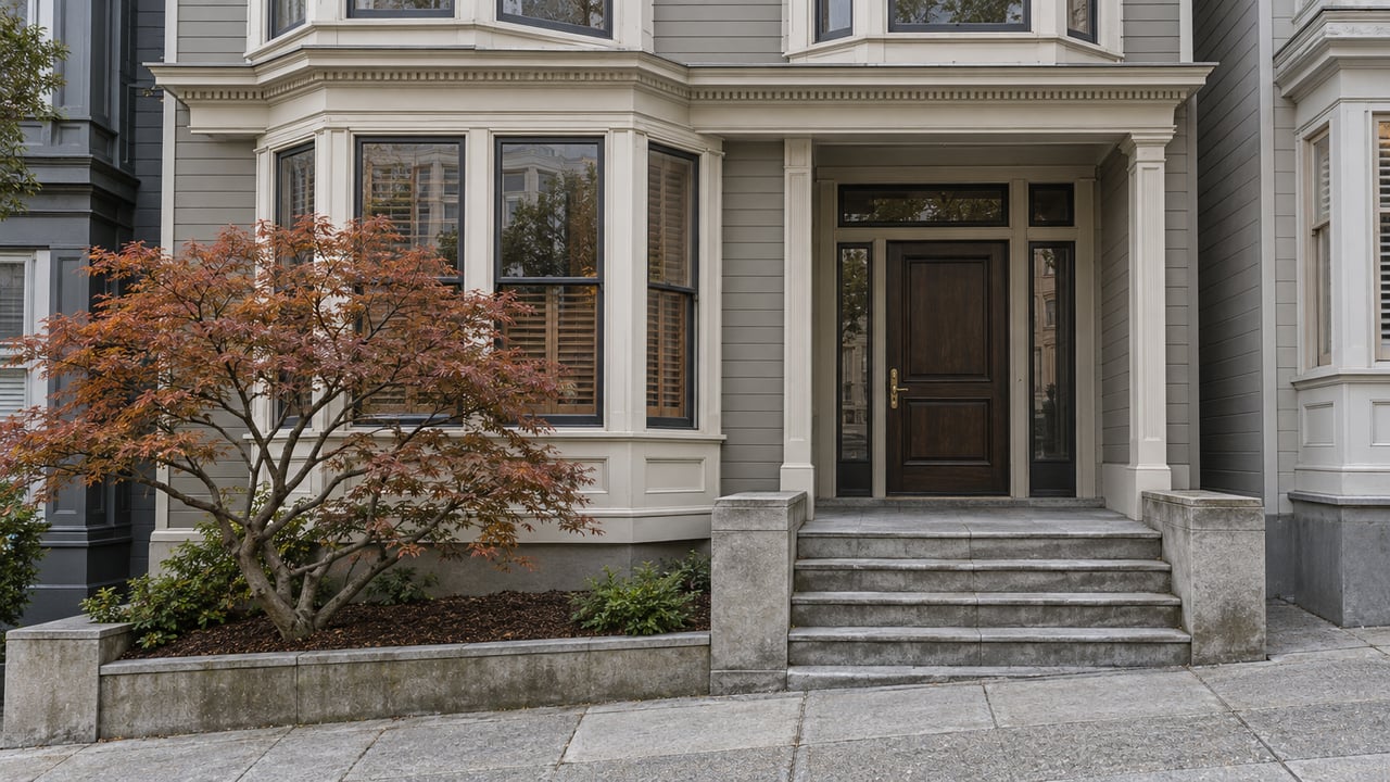 Refined gray timber residence with projecting bay windows, a recessed oak entrance, limestone steps and a copper-leaved Japanese maple beside a sloping sidewalk.