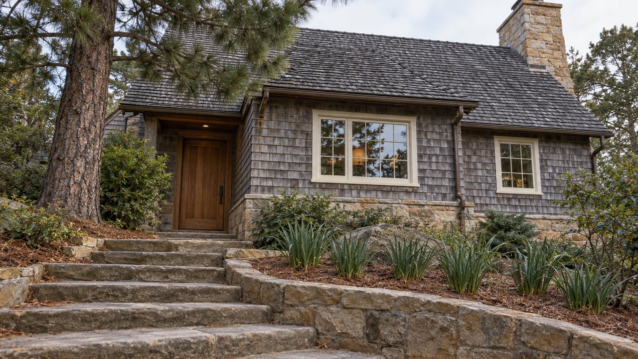Silvered shingle cottage with sandstone steps rising through a pine-shaded garden and winter iris foliage.