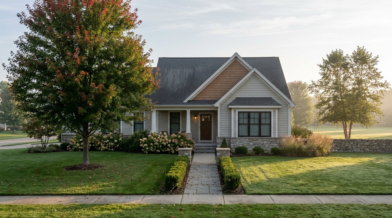 Gabled home beyond a dew-covered lawn, with a stone-edged walk, red-tipped maple, and misty fieldstone wall.