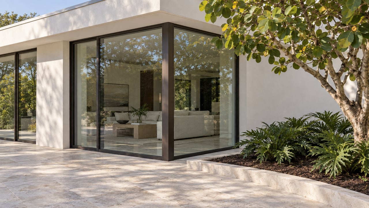 White contemporary home with bronze-framed corner glazing, a pale limestone terrace and a sculptural sea grape tree.