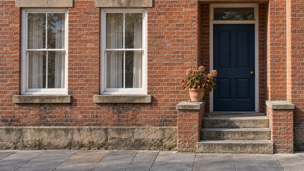 Red brick house with blue timber door, worn limestone entrance steps, white sash windows and a terracotta pot of autumn oakleaf hydrangea.