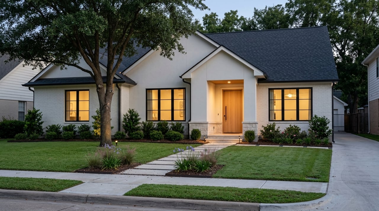 Contemporary home at blue hour, with warm window light and illuminated landscaping across a deep front lawn.