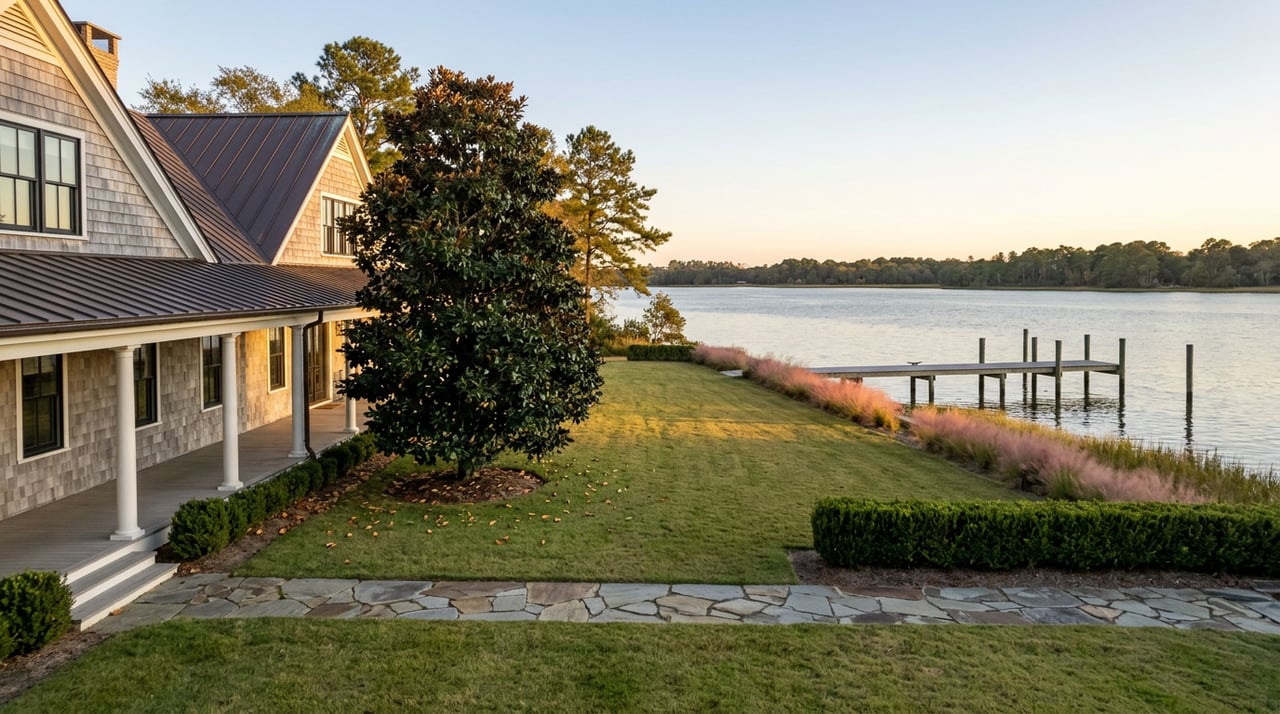 Silver-gray cedar-shingle house beside a deep lawn, flagstone path, and private pier extending into calm water.