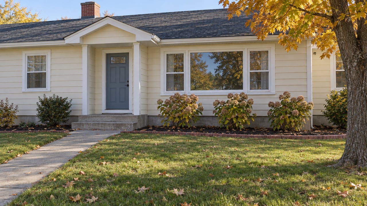 Cream clapboard ranch with a blue front door, concrete walk, and autumn sugar maple beside the front lawn.