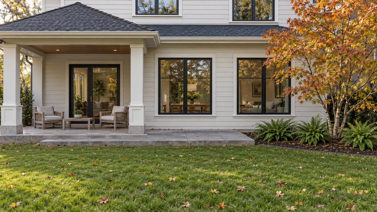 White two-story home with a covered terrace, teak chairs, deep lawn and a copper-leaved maple.