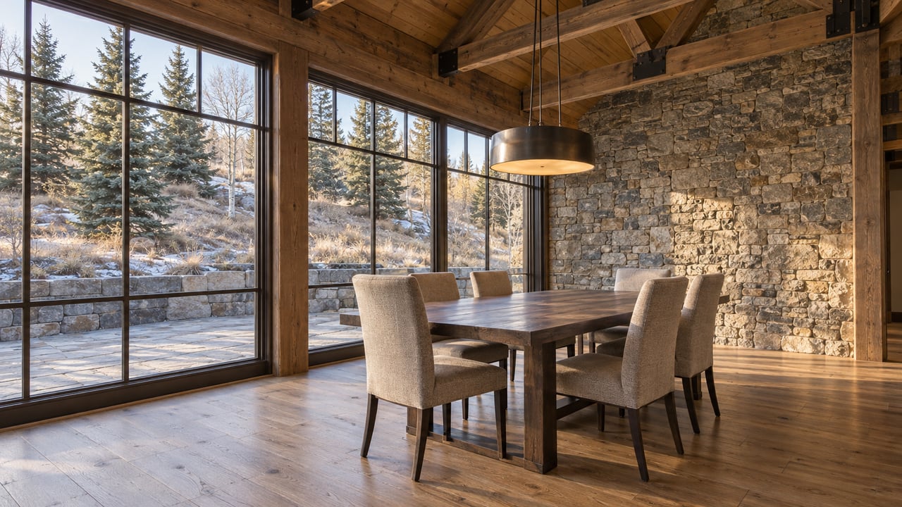 Timber-vaulted dining room with a smoked-oak table, six wool chairs, ledgestone wall and large windows overlooking frosted grasses and evergreen trees.