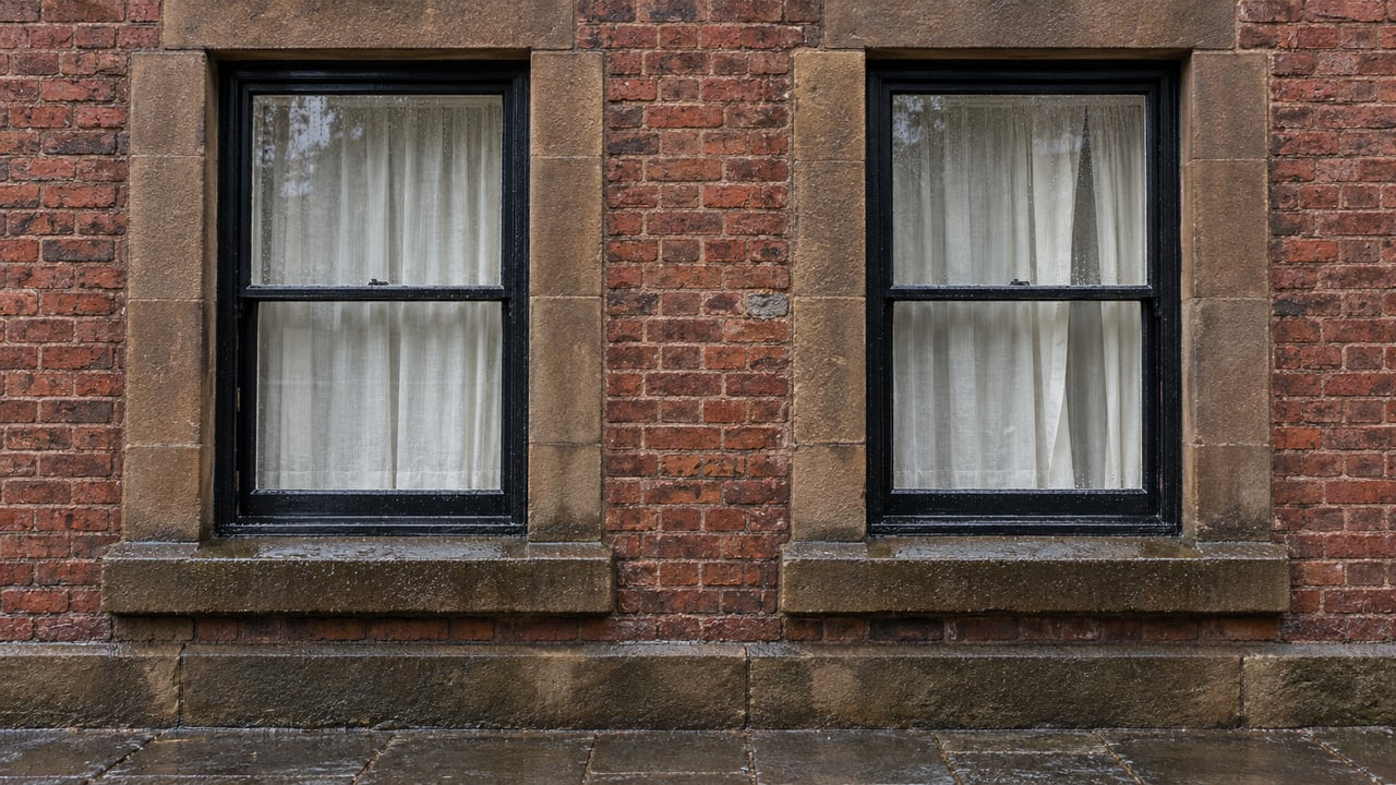 Two black-painted sash windows with linen curtains, set in weathered sandstone surrounds and red-brown brick above damp gray paving.
