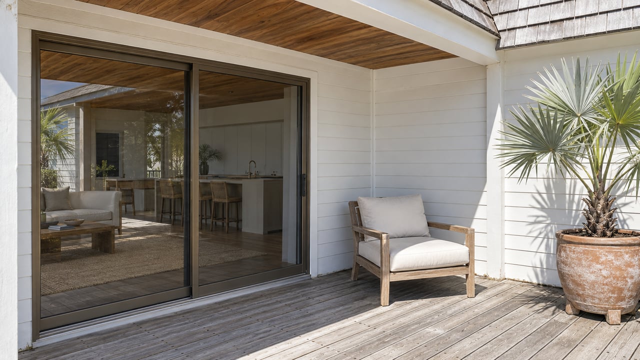 Sunlit elevated veranda with weathered timber decking, a closed bronze-framed glass doorway, a teak chair and a silver palm in a terracotta planter.