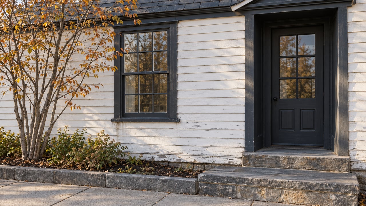 Weathered white clapboard facade with a dark sash window, recessed glazed door, bluestone steps, and a small tree.