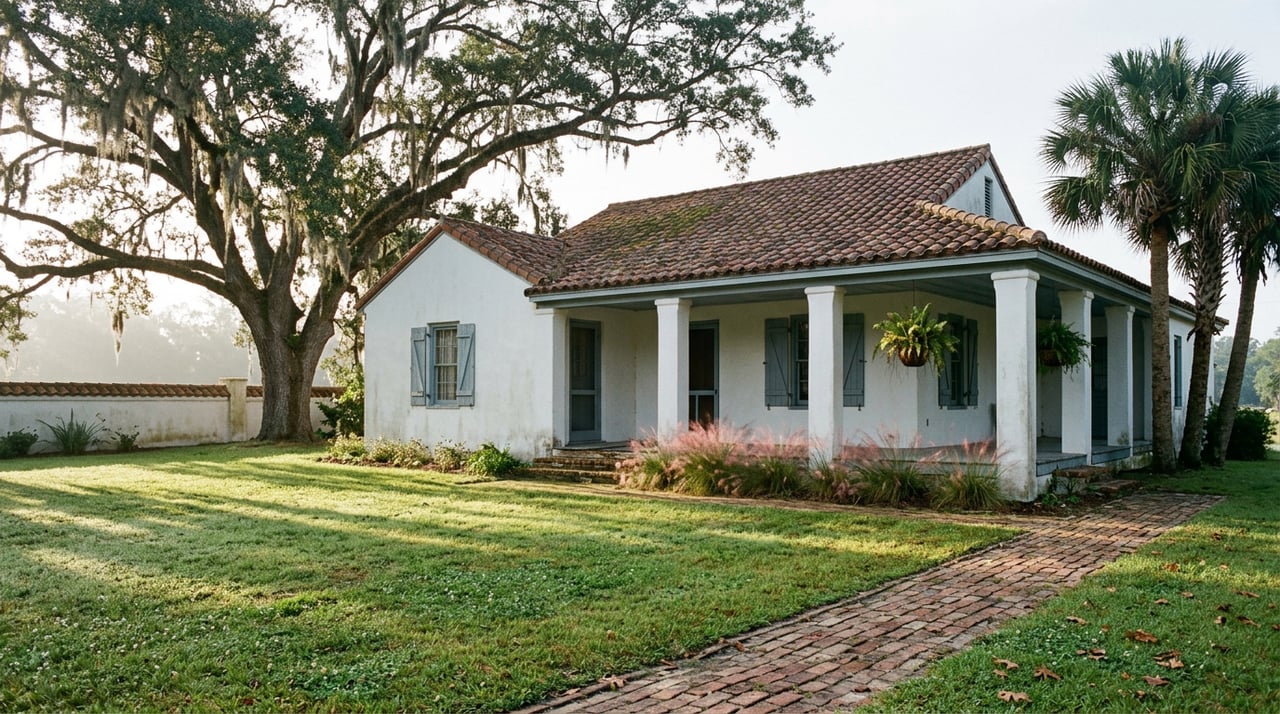Stucco cottage with a blue-gray porch, terra-cotta roof, brick walkway, and spreading oak tree.
