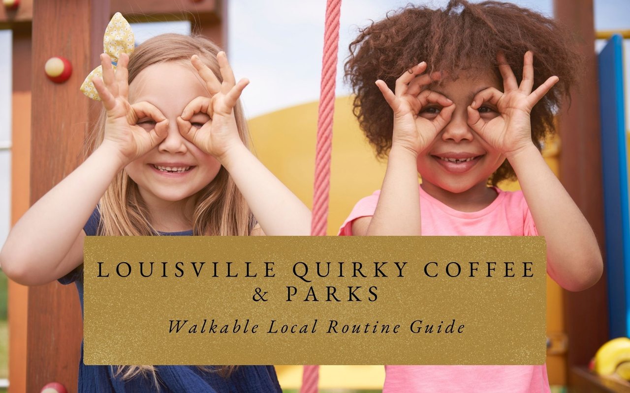 Tree-lined path through Louisville Community Park with families walking dogs and kids on playground.