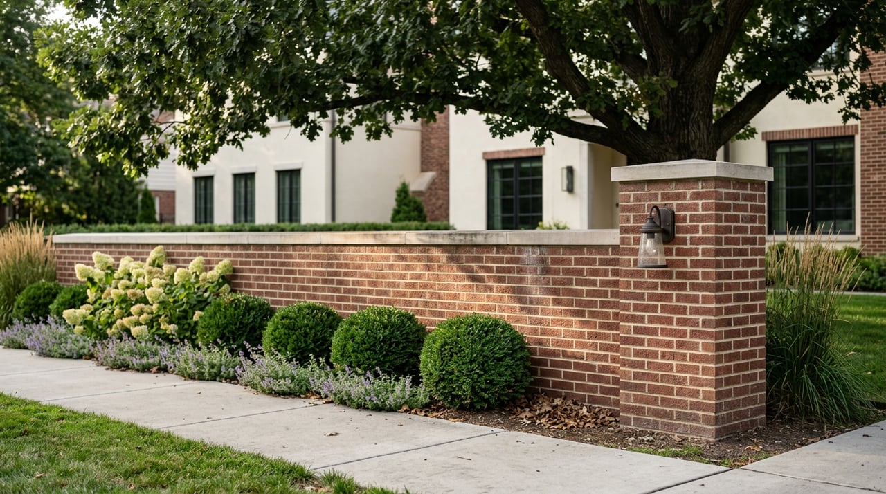 Red-brown brick garden wall with limestone cap, clipped boxwoods, hydrangeas, and oak canopy overhead.