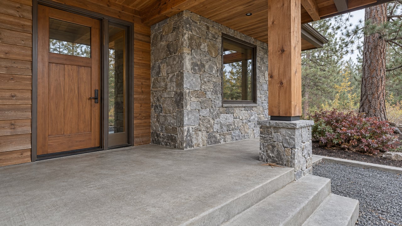 A sheltered cedar-and-stone home entry with timber beams, a glazed wooden door, and concrete steps beside damp gravel and autumn planting.