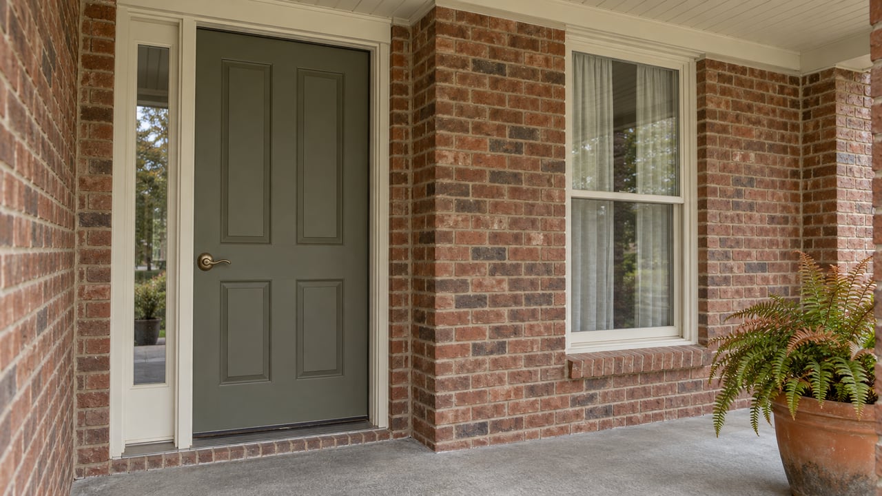 Close view of a brick home's covered porch with an olive-grey entry door, cream-trimmed window and a fern in a weathered terracotta pot.