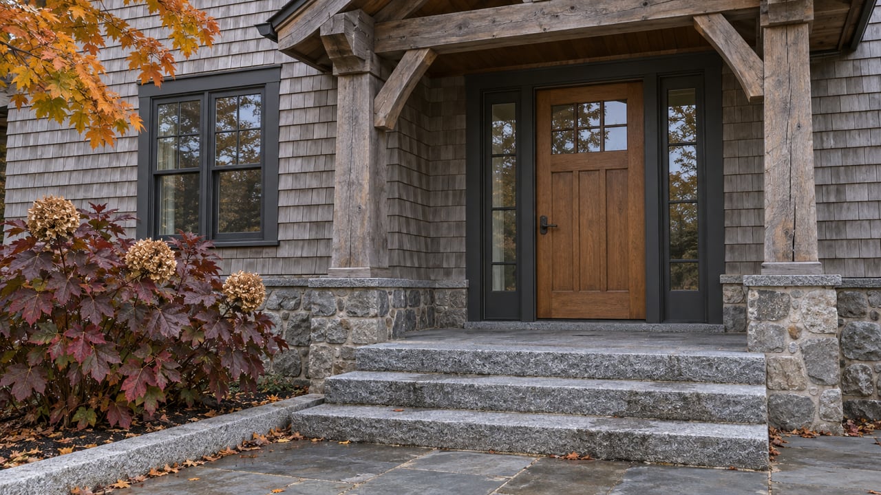 Covered timber-gabled home entrance with cedar shingles, fieldstone base, granite steps and burgundy oakleaf hydrangea.