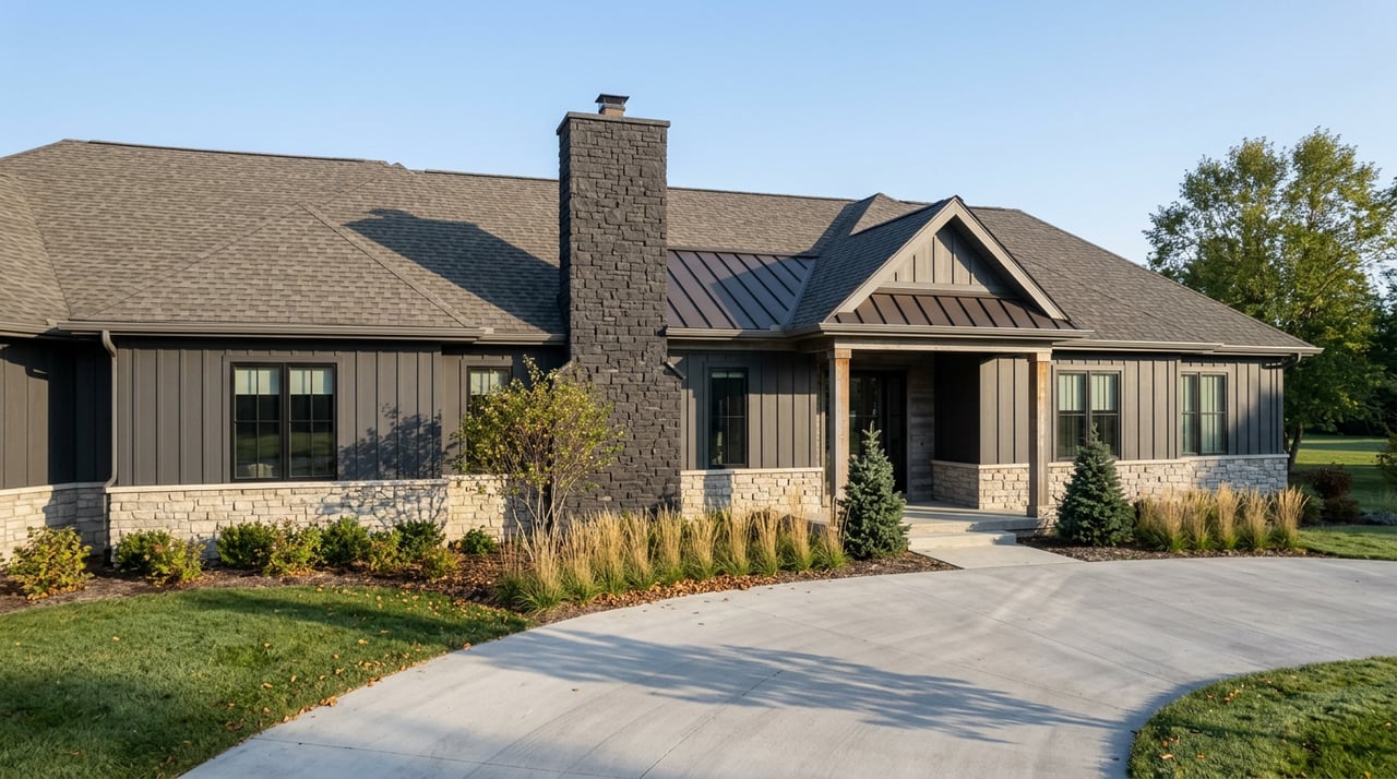 Custom home with a stone chimney, charcoal siding, and curved concrete motor court beneath crisp morning shadows.