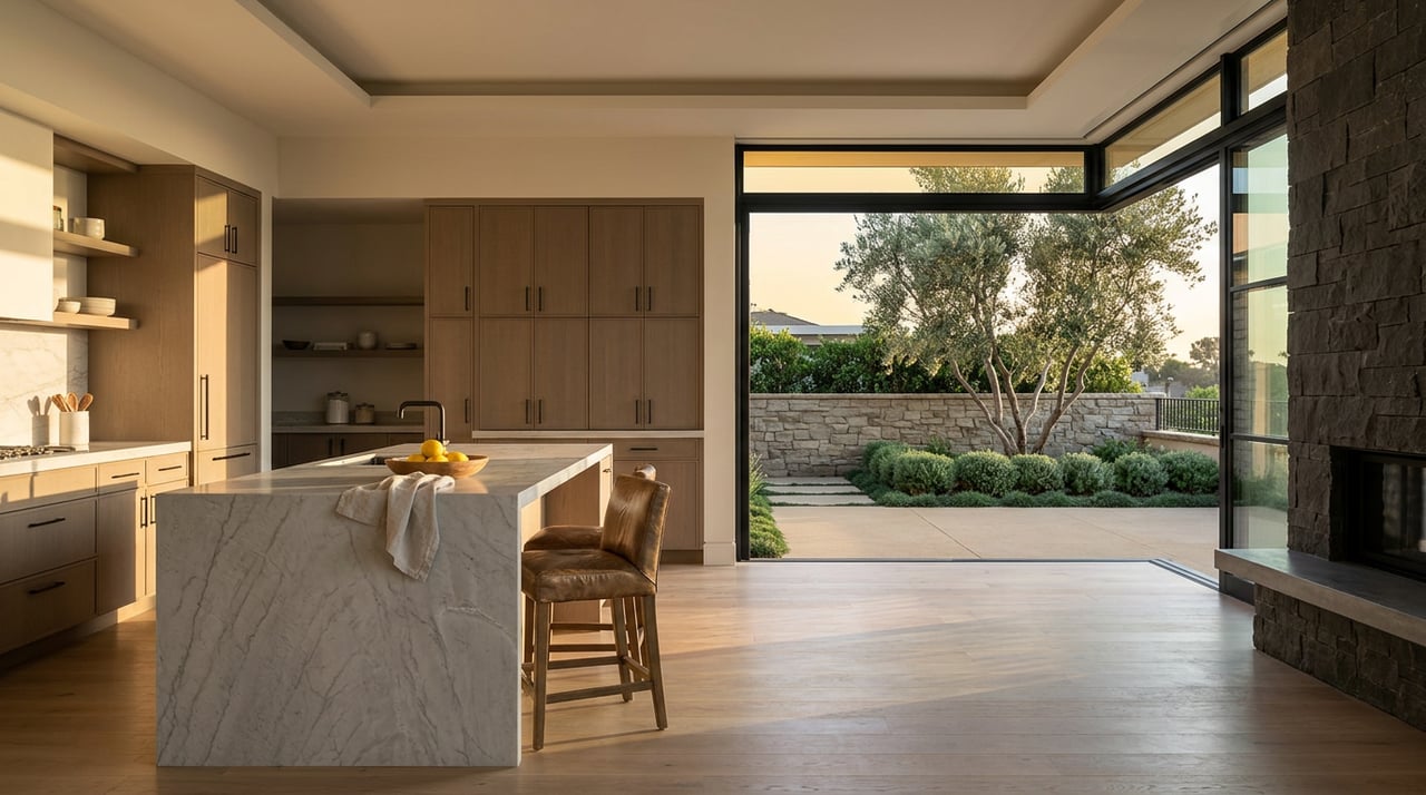 Oak kitchen with a veined stone island opens through a glass wall onto a terrace with an olive tree.
