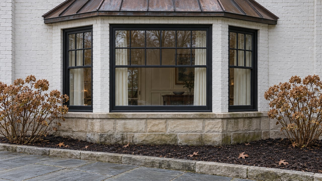 White-painted brick home with a copper-roofed window bay, limestone foundation and dried hydrangea blooms beside a bluestone approach.