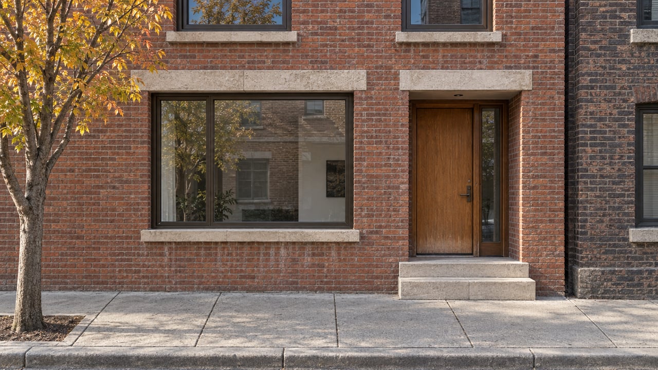 Red-brown brick townhouse with tall bronze-framed windows, a recessed oak entrance and limestone steps beside an older brick facade.