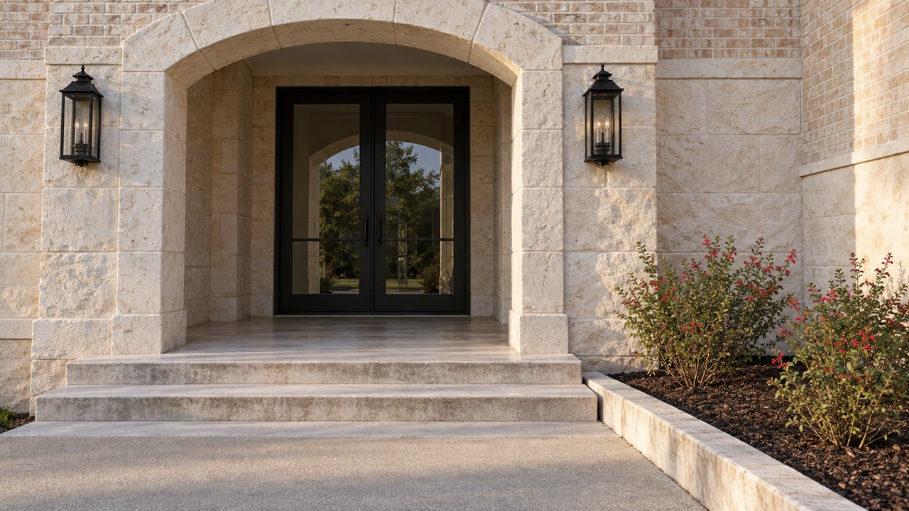 Cream limestone arched entry with paired black-framed glass doors, broad stone steps and red-flowering salvia beside the approach.