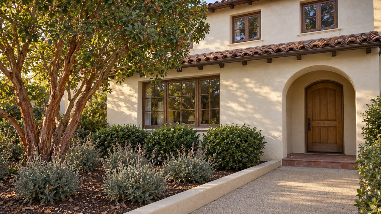 Cream-stucco home with a clay-tile roof, recessed arched doorway and a planted garden beside a swept concrete approach.