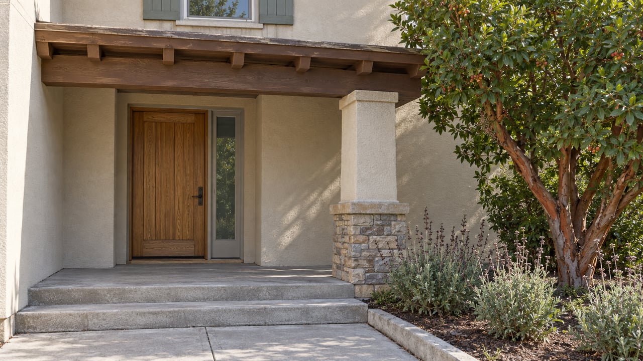 Sunlit stucco home entry with a warm wood door, stone-based porch column, concrete steps and a strawberry tree.