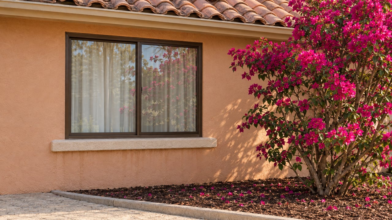 Peach stucco home with a bronze-framed window, weathered barrel-tile eave, and magenta bougainvillea beside a shell-flecked entry walk.