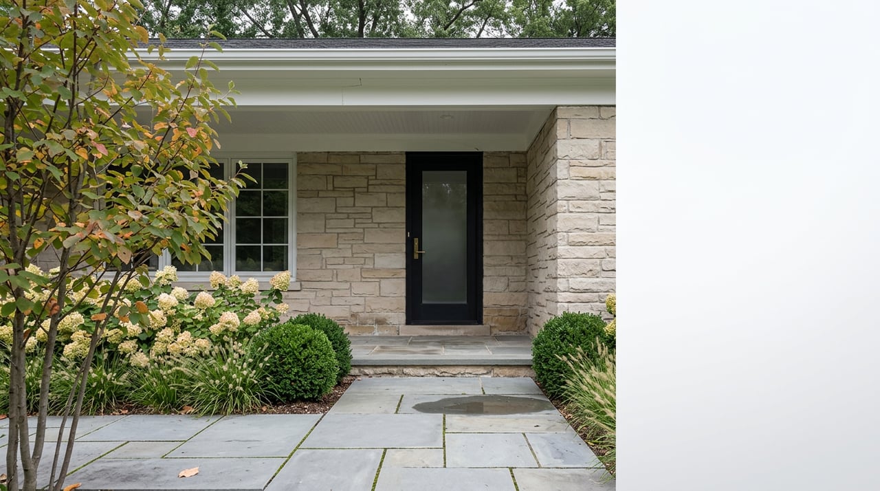 Recessed stone entry with a black steel door, bluestone steps, and clipped boxwood spheres.