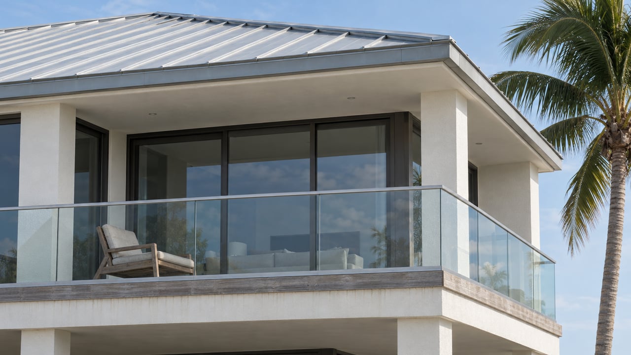 Close upward view of a white elevated home with a metal roof, glass balcony guard, teak decking and a coconut palm.
