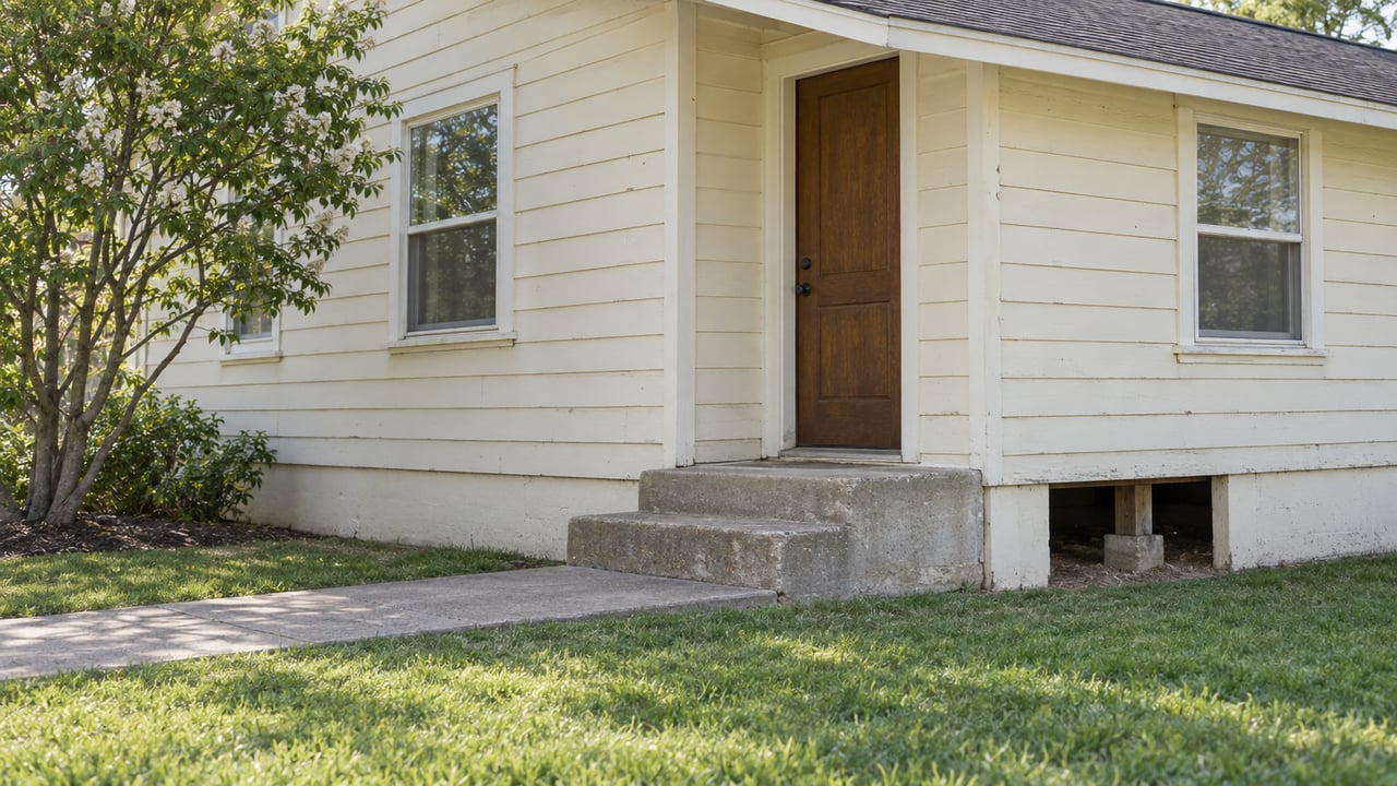 Older cream-sided house with an open crawlspace bay showing a timber post on a concrete pier.