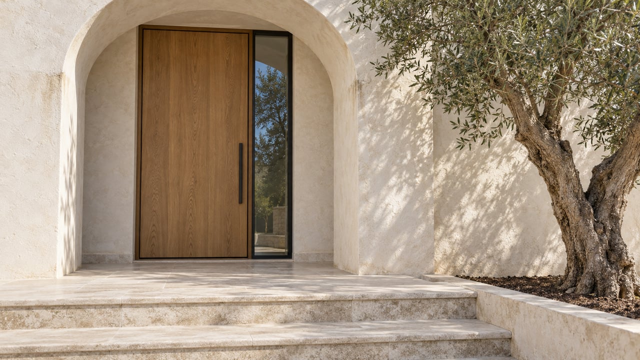 Ivory stucco arched home entrance with an oak door, pale limestone steps, and a mature olive tree.