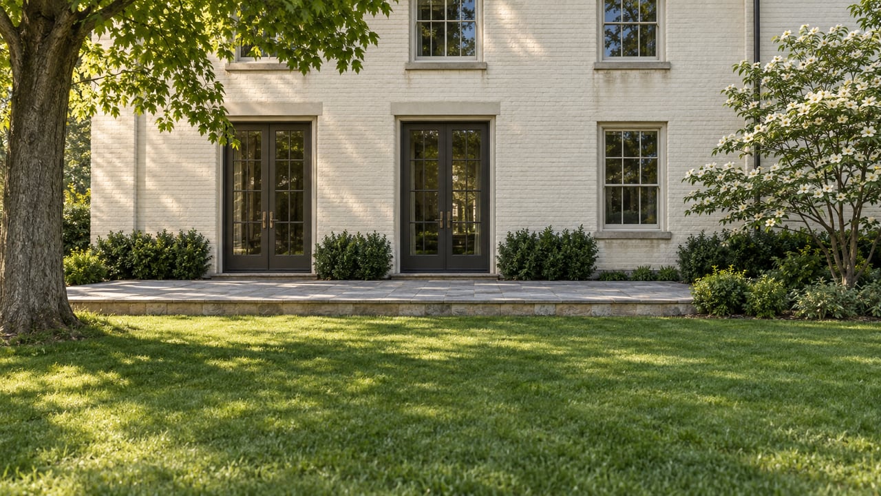 Ivory brick house with French doors opening onto a bluestone terrace, bordered by lawn and mature trees.